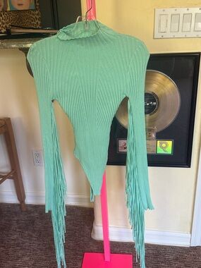 Mock neck Fringe Sleeve Ribbed Knit Top in Mint size small AKIRA